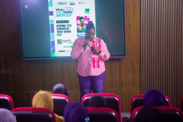 Naomi Akpikie speaking on "Designing Tech Communities Where Women Stay